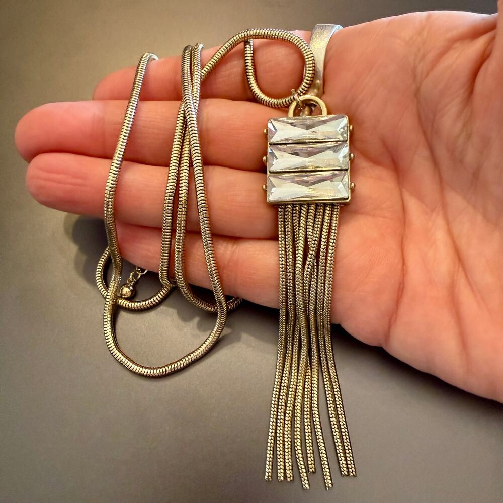 WHBM Long Gold Tone Necklace with Rhinestone Tassel